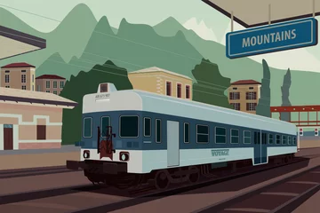 Poster Toneelgebied met oude retro trein bij station van Europees dorp. Op de achtergrond de natuurlijke weergave van het berglandschap. Realistische platte stijl © ariadnas