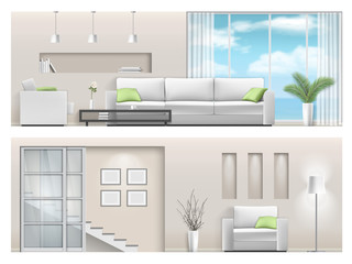 Interior of a bright living room with furniture. Detailed in vector illustration in a realistic style. Orthogonal projection.