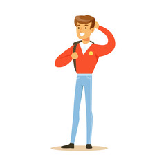 Young smiling man in a red shirt standing with backpack. Student lifestyle colorful character vector Illustration