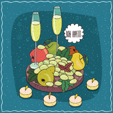Romantic composition on wooden board, glasses of champagne or cider, bunch of white grapes, pears and colorful apples. Hand drawn still life in comic style