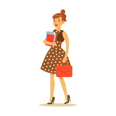 Young woman in brown dress standing and holding books and red bag in her hands. Student lifestyle colorful character vector Illustration