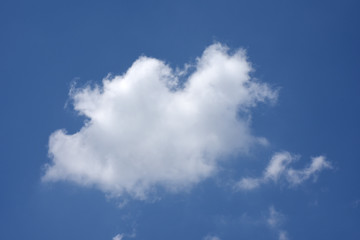 青空と不思議な雲「空想・雲のモンスター（雲の左と右にモンスターの顔）」発見、選択、どっち、左右、不思議のイメージ・雲や空のタイトルスペース（案・啓蒙活動などで、「どっちを向いても発見の連続」、「選択」、「おーっ」（白い雲の中に）など）