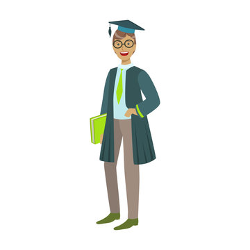 Cheerful graduate guy student in mantle with green book. Colorful cartoon illustration