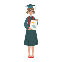 Graduated student girl in cap gown showing diploma. Colorful cartoon illustration
