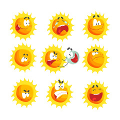 Cute cartoon sun various emoticons. Emotional face set of colorful characters vector Illustrations