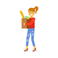 Happy woman carrying a brown shopping bag with food products. Shopping in grocery store, supermarket or retail shop. Colorful character vector Illustration
