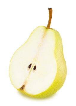 Half of ripe yellow pear with leaf isolated