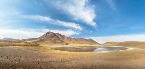 Fototapeta na wymiar Panoramic view of Miniques Lagoon and Volcano - Atacama Desert, Chile