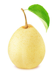 Ripe chinese pear with green leaf isolated