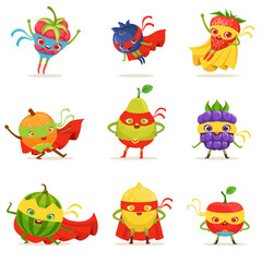 Obraz premium Superhero Fruits In Masks And Capes Set Of Cute Childish Cartoon Humanized Characters In Costumes