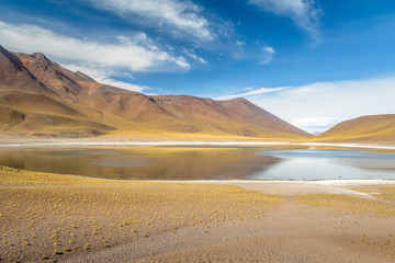 Fototapeta na wymiar Miniques Lagoon and Volcano - Atacama Desert, Chile