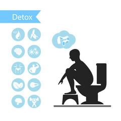Silhouettes man sitting on a toilet with detox icons