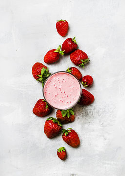 Strawberry Milkshake With Berries, Food Background, Top View