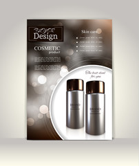 Flyer, brochure or magazine cover template. Cosmetic ads poster.3D Realistic vector illustration in soft purple color.