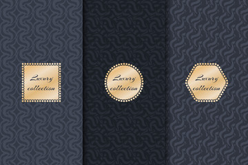 The set of dark backgrounds for a luxurious collection with gold labels. Geometric design vector. 
