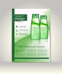 Flyer, brochure or magazine cover template. Cosmetic ads poster.3D Realistic shampoo bottle vector illustration