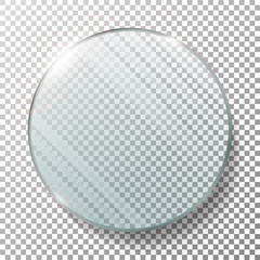 Transparent Round Circle Vector Realistic Illustration. Glass Plate Mock Up Or Plastic Banner. Isolated On Checkered Background. With Reflection And Shadow. Photo Realistic