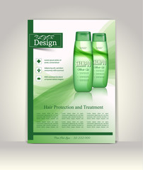 Flyer, brochure or magazine cover template. Cosmetic ads poster.3D Realistic shampoo bottle vector illustration