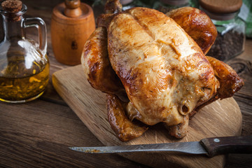Whole roasted chicken.