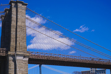 Fototapeta premium Ancient Brooklyn Bridge New York - an iconic landmark- MANHATTAN / NEW YORK - APRIL 1, 2017