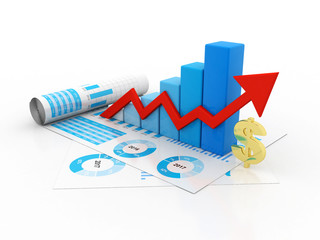 Dollar Financial Success Bar Chart Graph Growing Up. 3d Render Illustration