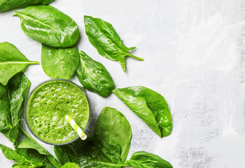 Spinach smoothies, food background, top view