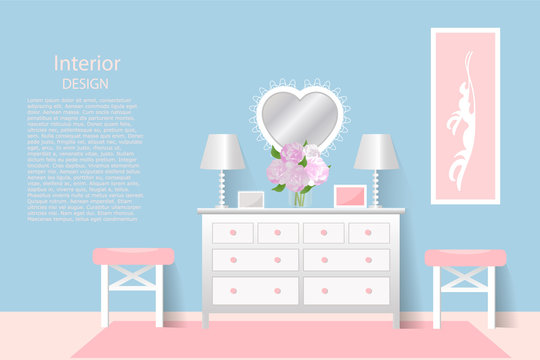 Chest of drawers. The interior of the room. Design, banner, brochure, poster, advertising. Vector illustration.