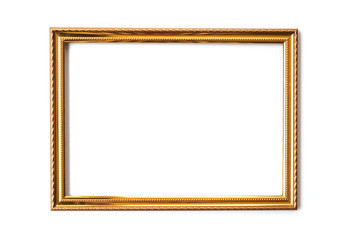 Golden photo frame on white background.