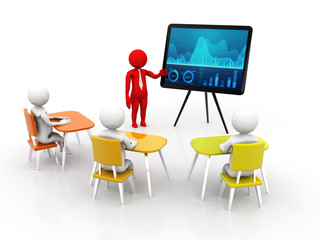 3d people - men , person with pointer in hand close to blackboard. Concept of education and learning, Presentation. Isolated white background,  3d render