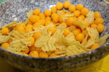 Salty snacks. Crisps. Unhealthy food. Party