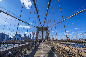 Wide angle shot of the Brooklyn Bridge New York- MANHATTAN / NEW YORK - APRIL 1, 2017