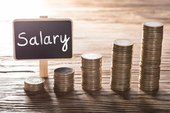 Salary Text On Small Chalk Board With Coin Stack