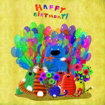 Birthday Card Jolly Crowd Of Cats Among Balloons
