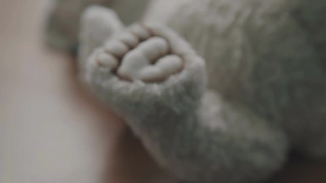 Foot of a toy teddy bear: the details of the toy evoke tenderness. Favorite toy of children is a teddy bear. The toy is made in classic style. The process of creating a teddy bear. Handmade teddy bear