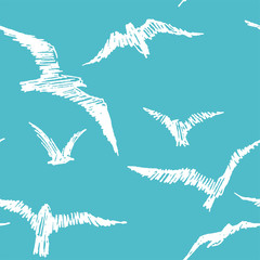 Seagulls. Vector seamless pattern with birds in the sky. Hand drawn illustration with white gulls isolated on blue background