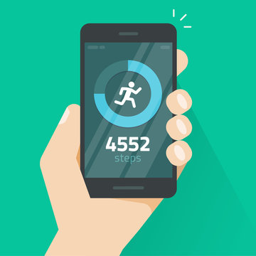 Fitness tracking steps counter app on mobile cell phone screen vector illustration flat cartoon, smartphone with run tracker, running or walk sport tech 