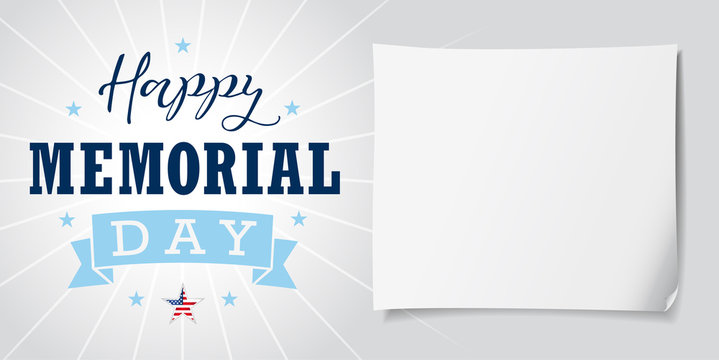 Happy Memorial Day USA lettering banner. Happy Memorial Day USA hand lettering vector card, star, ribbon, stripes and paper on light background