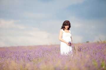 Fototapeta na wymiar a pregnant woman in a field of flowers of lavender purple