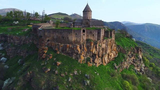 Tatev monastery in Armenia. Aerial view in morning lights