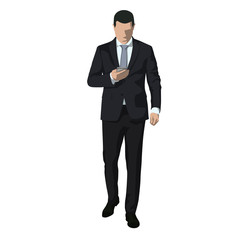 Obraz na płótnie Canvas Business man in dark suit walking and writing message on mobile phone, abstact vector illustration