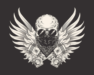 Vector illustration of a skull racer in sunglasses, bandanna and with pistons. Sketch of a tattoo, emblem, element of a dizan, print for a T-shirt
