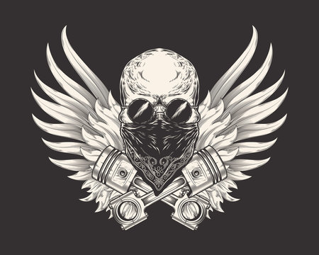 recommend clip art: Vector illustration of a skull racer in sunglasses, bandanna and with pistons. Sketch of a tattoo, emblem, element of a dizan, print for a T-shirt
