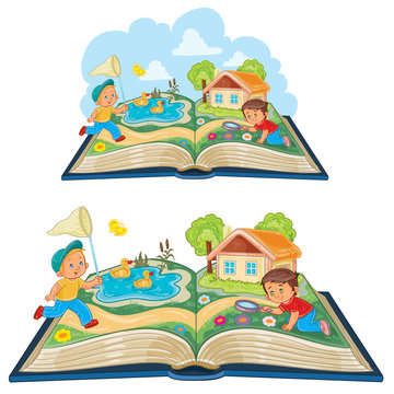 Vector illustration of young children studying nature as an open book, metaphor