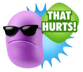 3d Rendering Angry Character Emoji saying That Hurts with Colorful Speech Bubble.