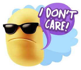 3d Rendering Angry Character Emoji saying I Don't Care with Colorful Speech Bubble.