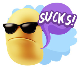 3d Rendering Angry Character Emoji saying Sucks with Colorful Speech Bubble.