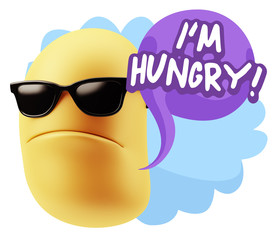 3d Rendering Angry Character Emoji saying I'm Hungry with Colorful Speech Bubble.