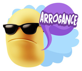 3d Rendering Angry Character Emoji saying Arrogance with Colorful Speech Bubble.