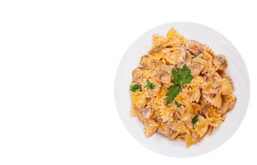 Farfalle Pasta with mushroom sauce. top view. isolated on white