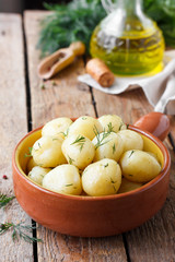 Boiled potatoes with dill on a wooden background